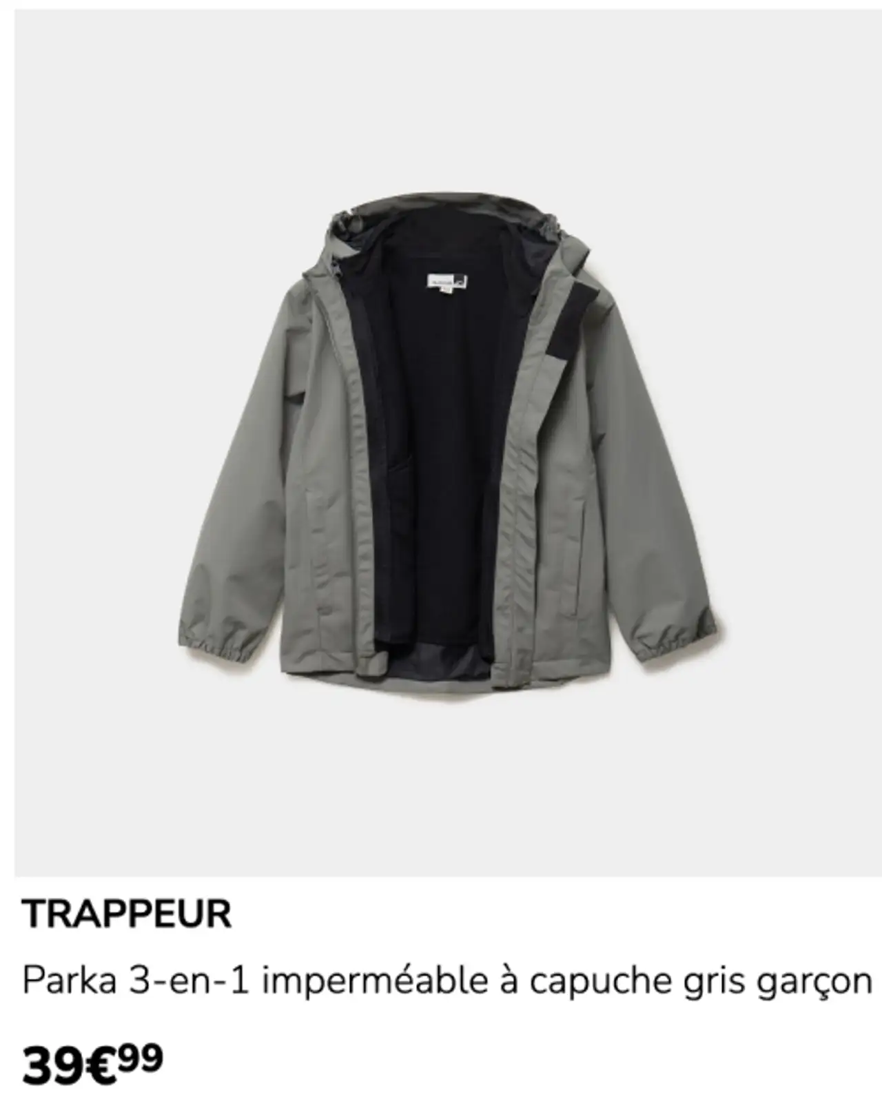 TRAPPEUR Parka 3-en-1 imperméable à capuche gris garçon