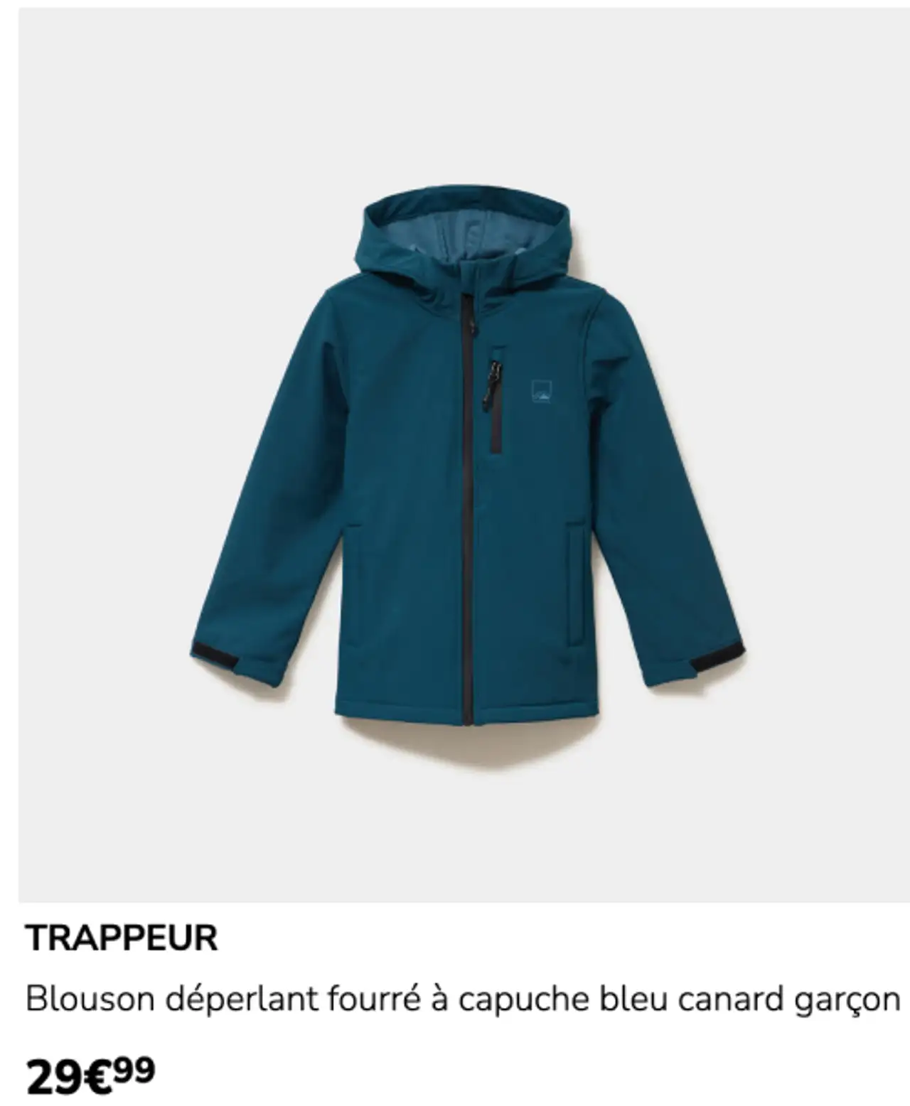 TRAPPEUR Blouson déperlant fourré à capuche bleu canard garçon