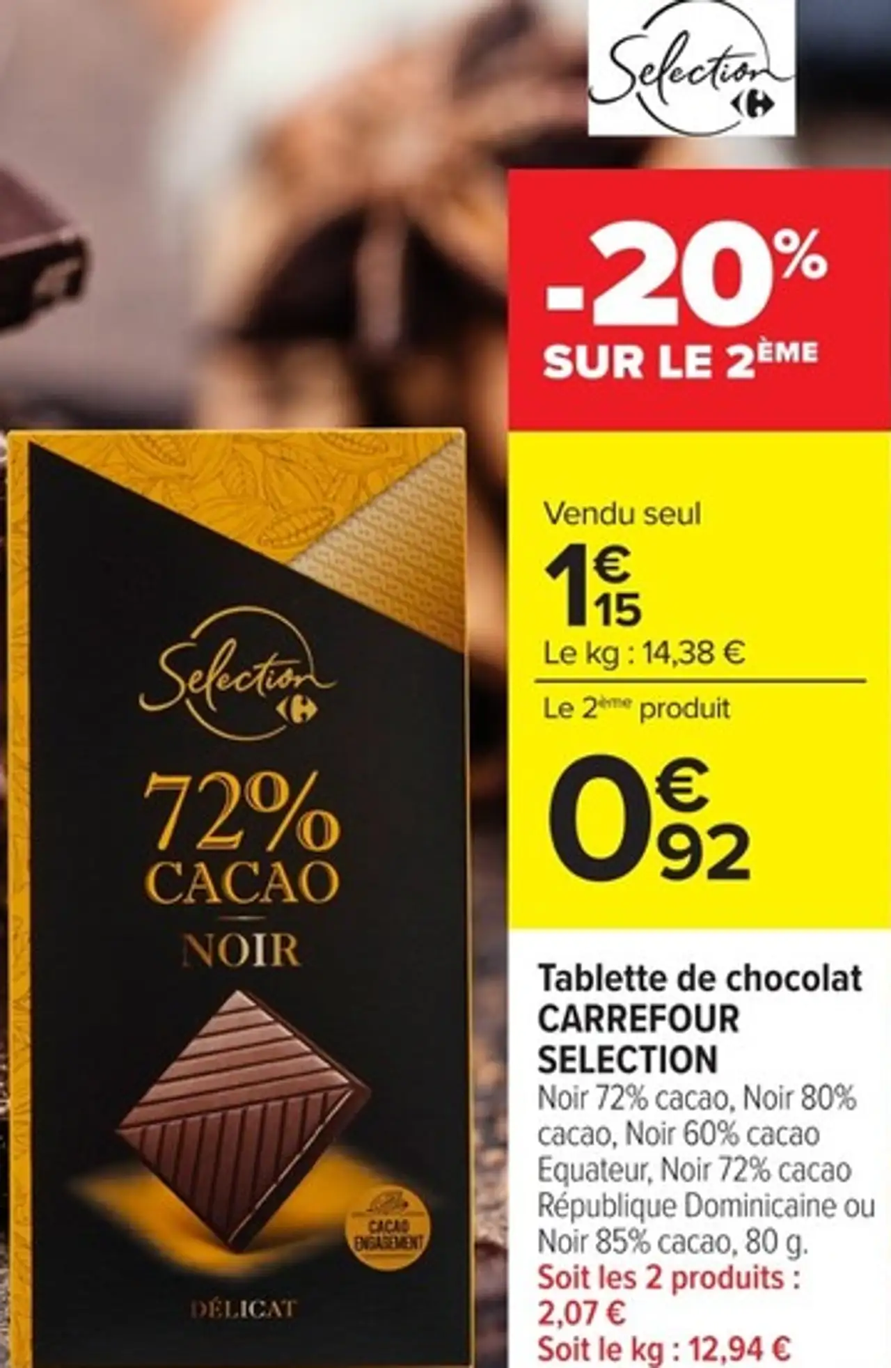 Tablette de chocolat CARREFOUR SELECTION Noir 72% cacao