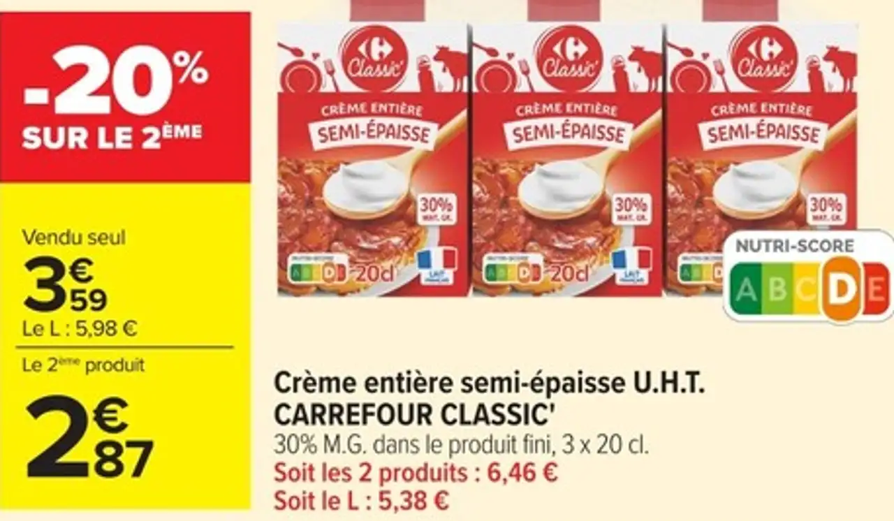 Crème entière semi-épaisse U.H.T. CARREFOUR CLASSIC'