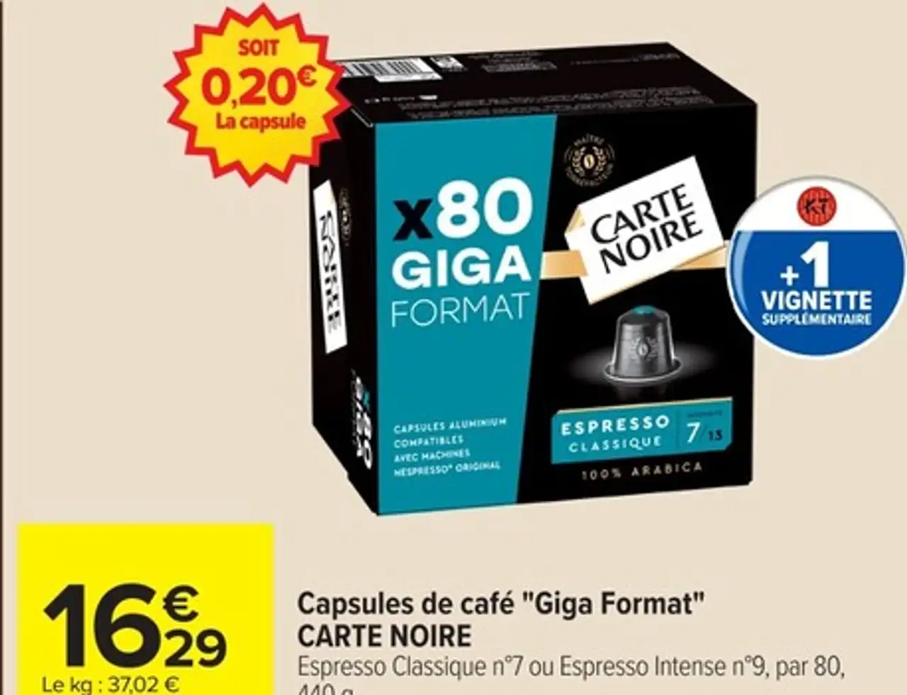 Capsules de café "Giga Format" CARTE NOIRE Espresso Classique n°7 ou Espresso Intense n°9