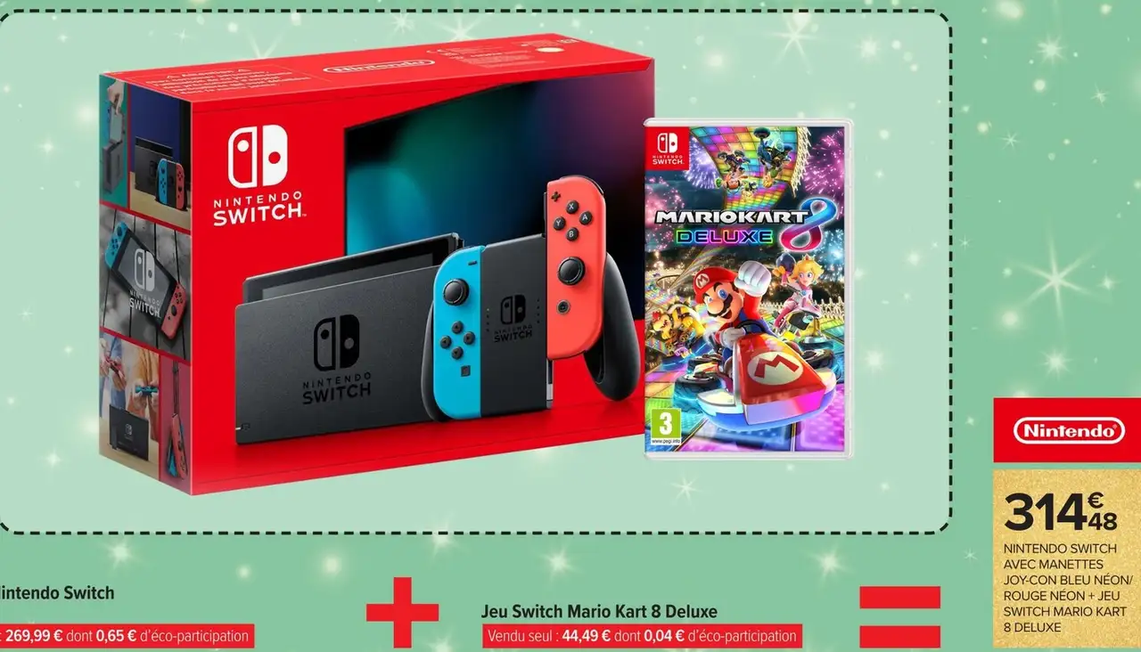 Console Nintendo Switch Classique avec manettes Joy-Con bleu néon/rouge néon + Jeu Switch Mario Kart 8 Deluxe