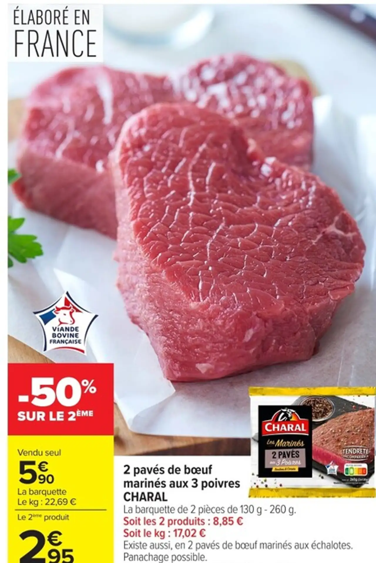 2 pavés de bœuf marinés aux 3 poivres CHARAL