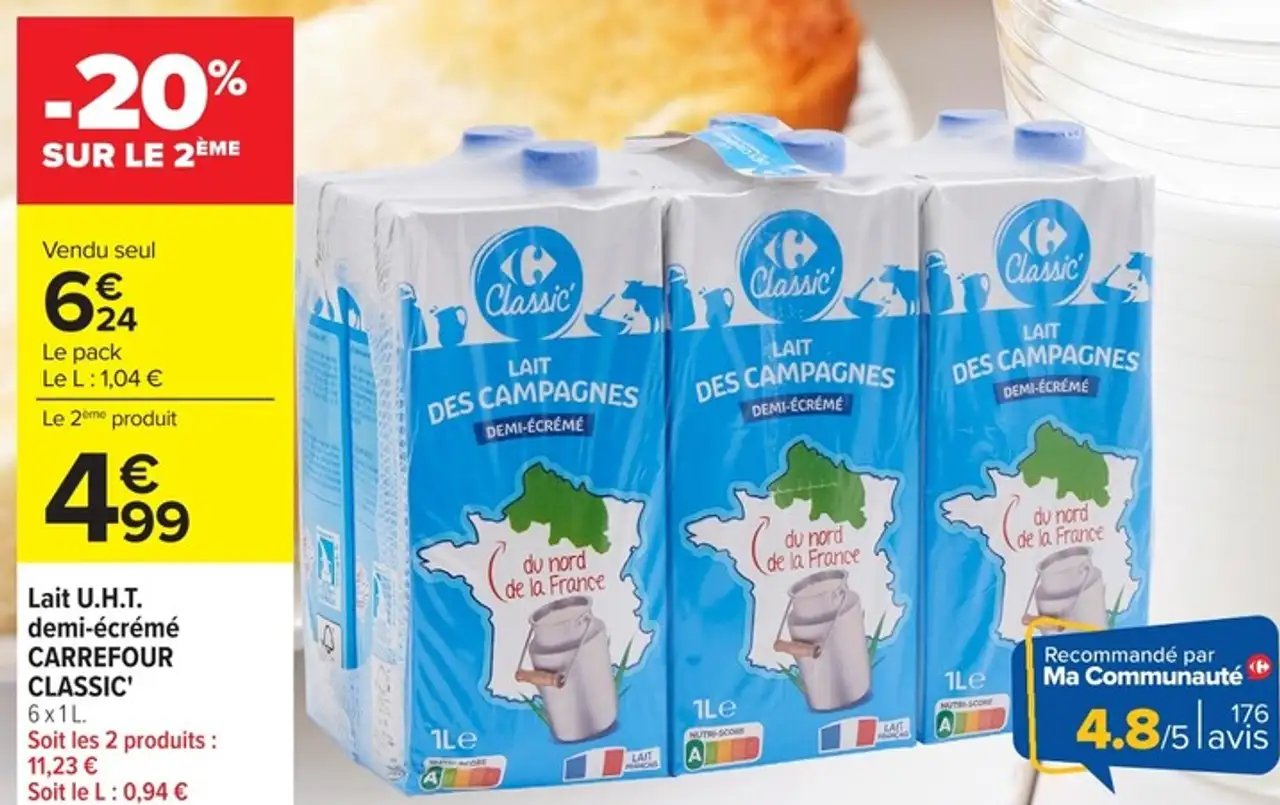 Lait U.H.T. demi-écrémé CARREFOUR CLASSIC'