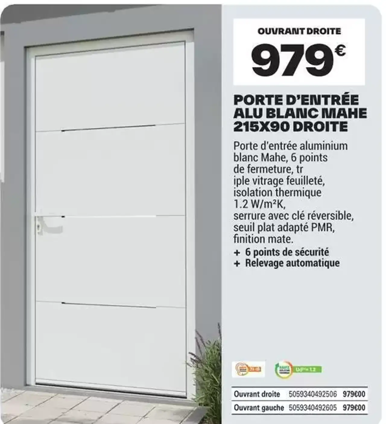 PORTE D'ENTRÉE ALU BLANC MAHE 215X90 DROITE