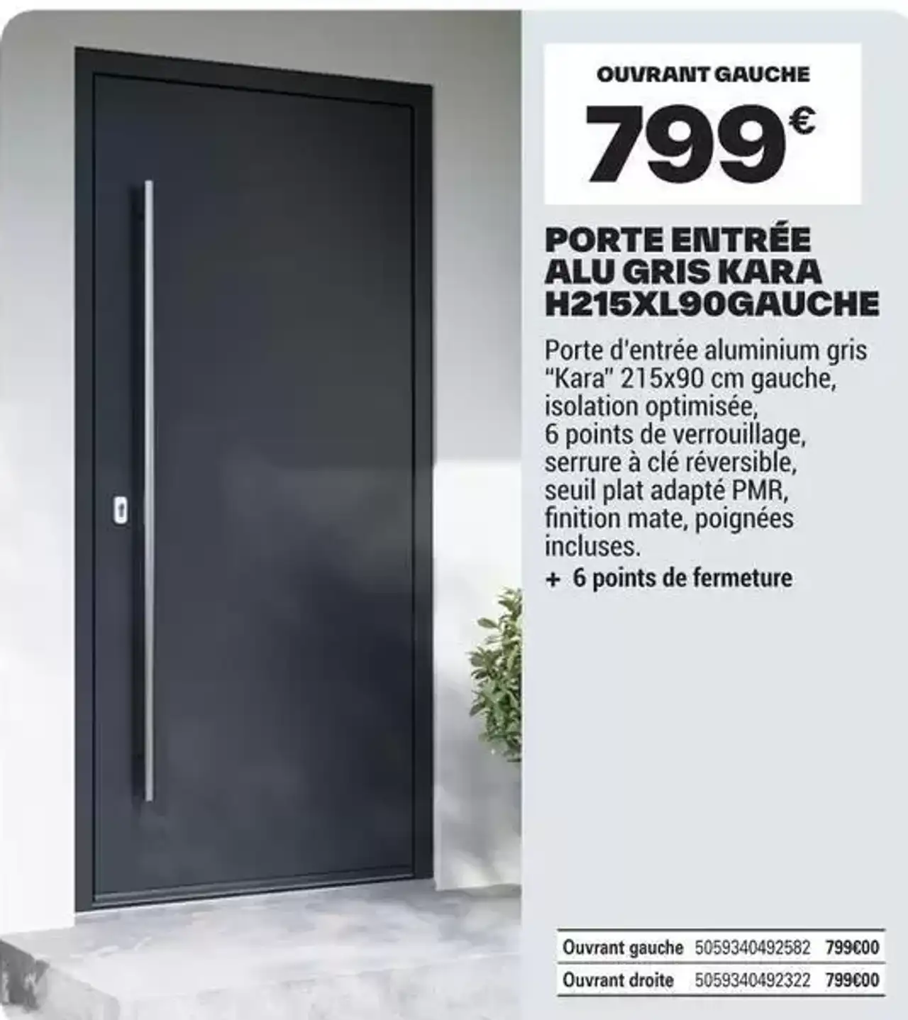 PORTE ENTRÉE ALU GRIS KARA H215XL90GAUCHE