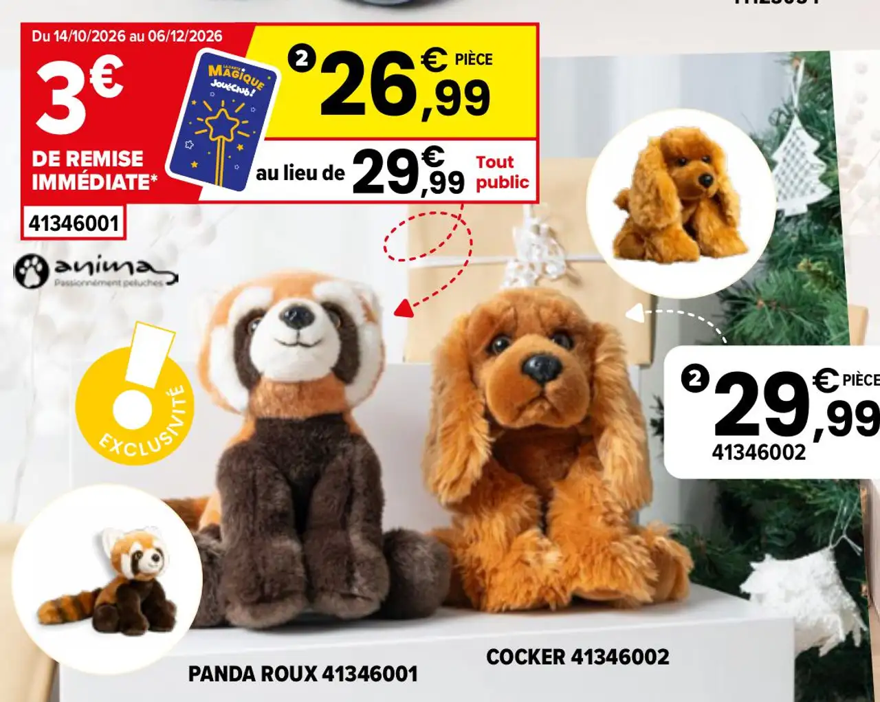 Peluche assise 30 cm Panda Roux ou Cocker Anima