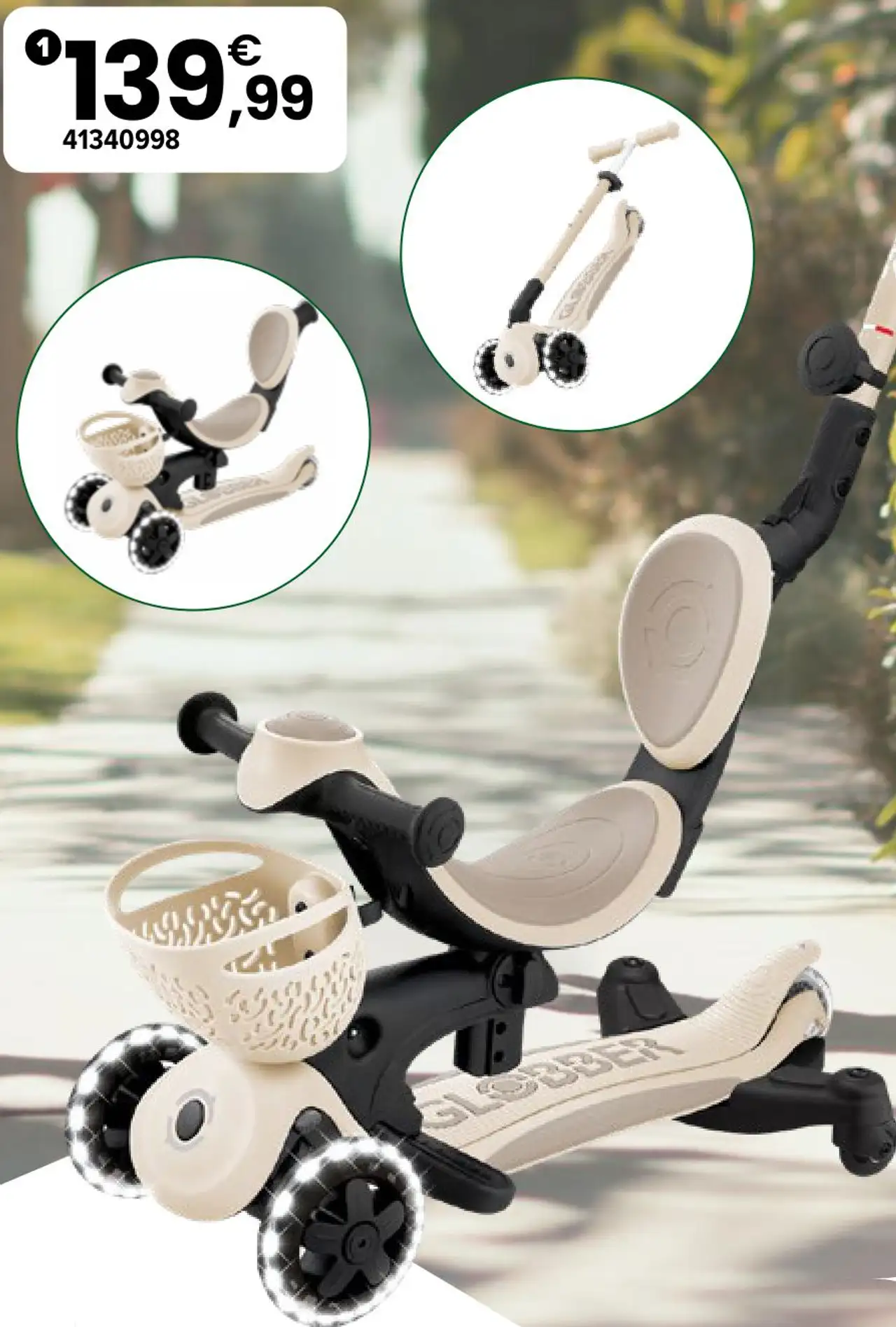 Trottinette évolutive Go Up Baby 3 en 1 Lights 360 Taupe Globber