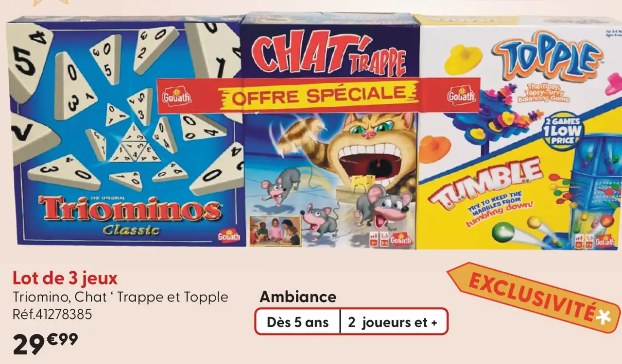Lot de 3 jeux Triomino, Chat ' Trappe et Topple Goliath
