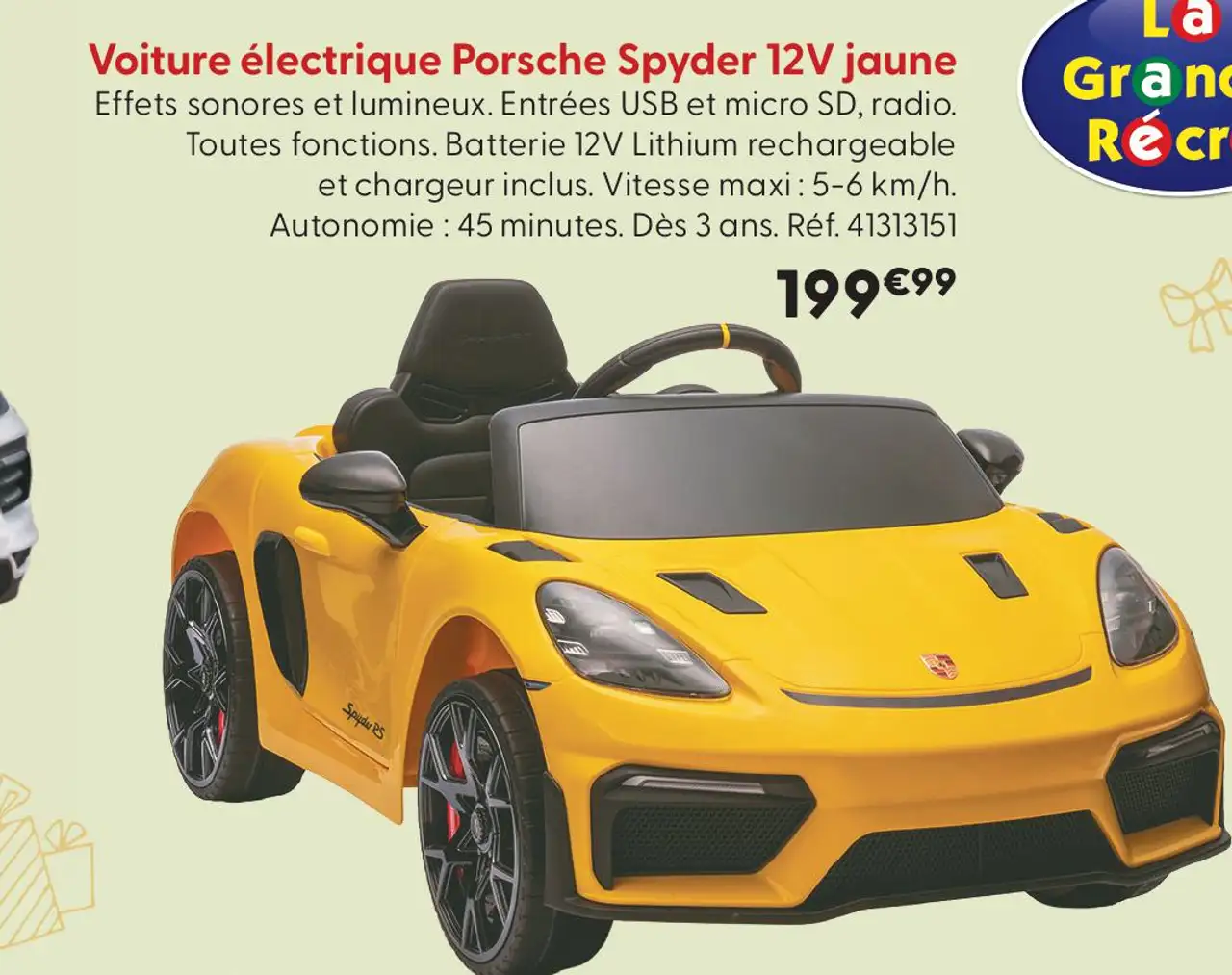 Voiture électrique Porsche Spyder 12V jaune