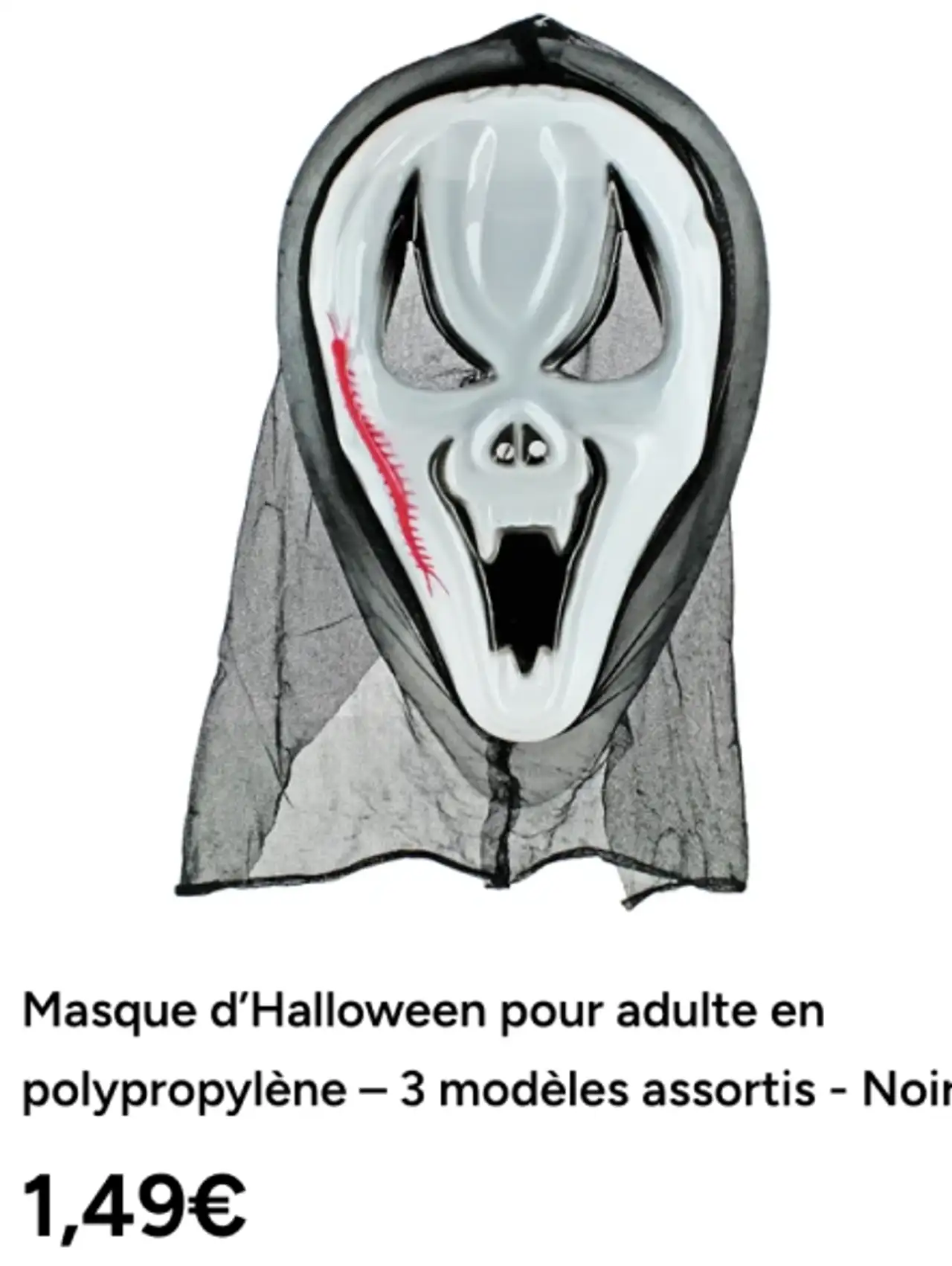 Masque d’Halloween pour adulte en polypropylène – 3 modèles assortis - Noir