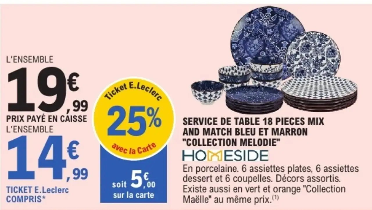 Service de table 18 pièces mix and match bleu et marron "Collection Melodie" Homeside