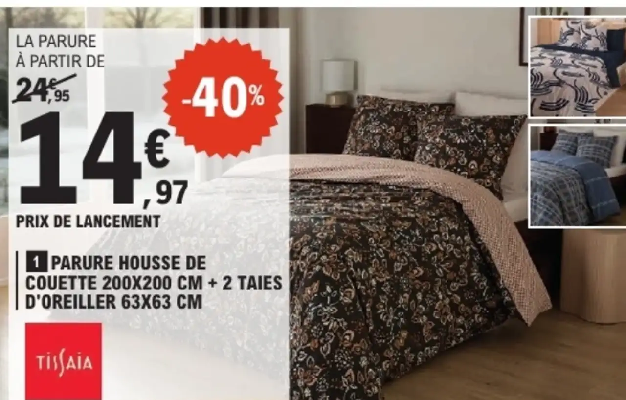 Parure housse de couette 200x200 cm + 2 taies d'oreiller 63x63 cm Tissaïa
