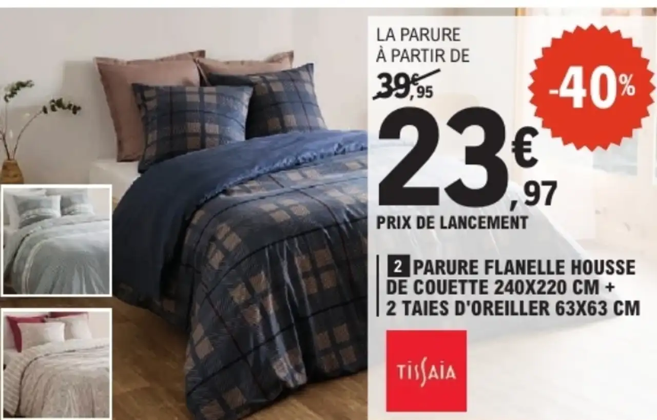 Parure flanelle housse de couette 240x220 cm + 2 taies d'oreiller 63x63 cm Tissaïa