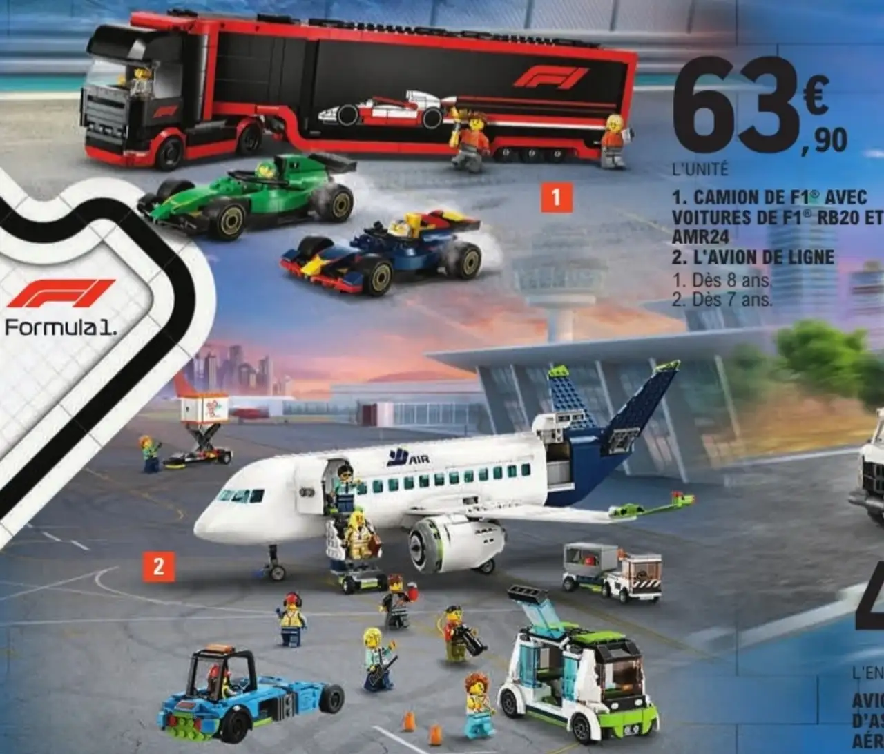 Lego City Camion de F1 avec Voitures de F1 RB20 et AMR24 ou L'Avion de Ligne