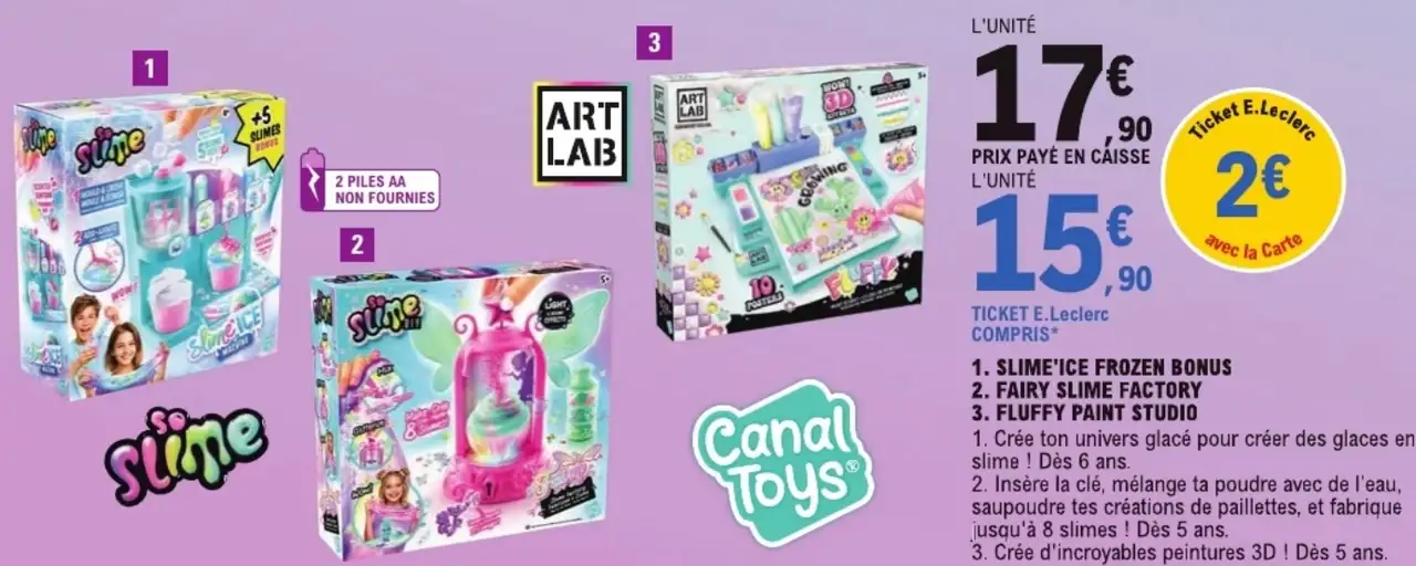 Coffret d'activités créatives Canal Toys / Art Lab / So Slime : 1. Slime'ice Frozen Bonus 2. Fairy Slime Factory 3. Fluffy Paint Studio