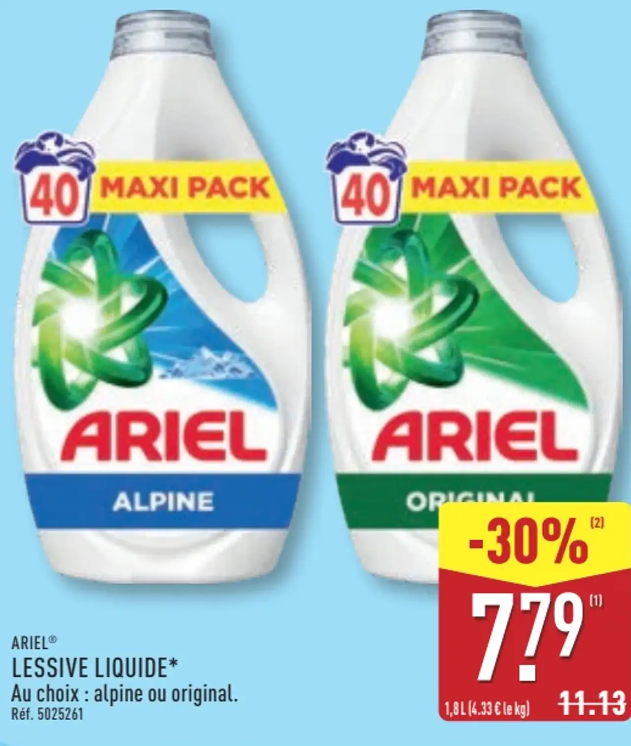 ARIEL Lessive liquide Au choix : alpine ou original