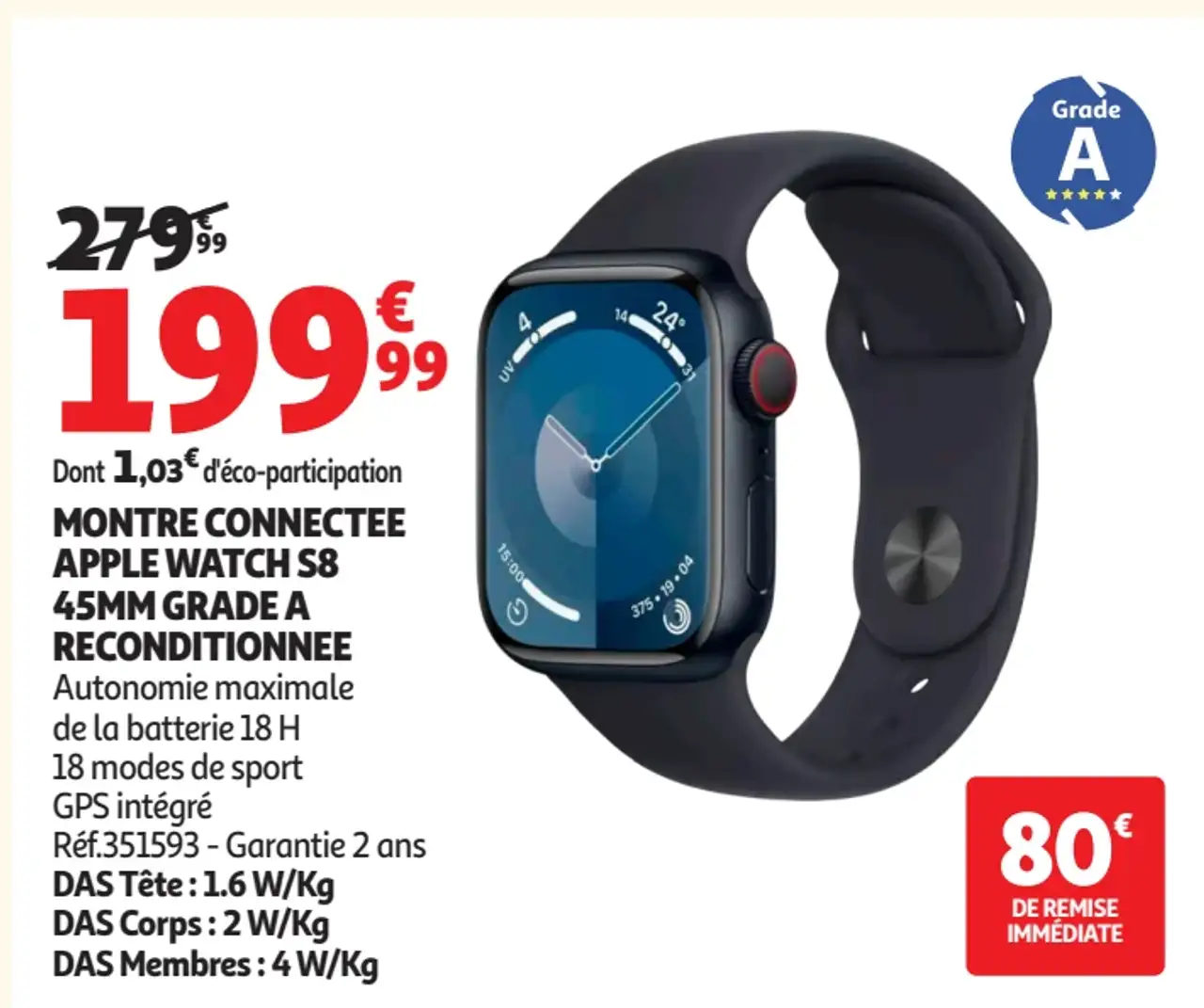 Montre connectée Apple Watch S8 45mm Grade A Reconditionnée