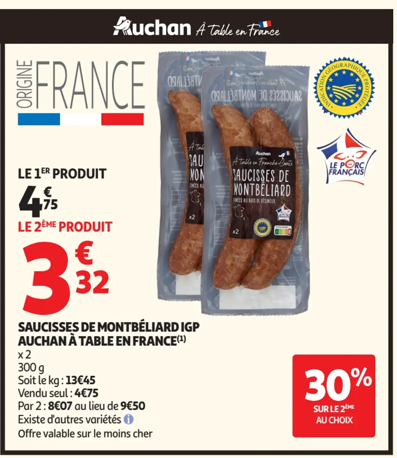 Saucisses de Montbéliard IGP Auchan À Table en France