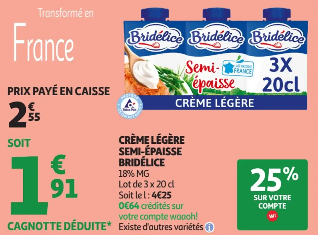 Crème légère semi-épaissse Bridelice 18% MG
