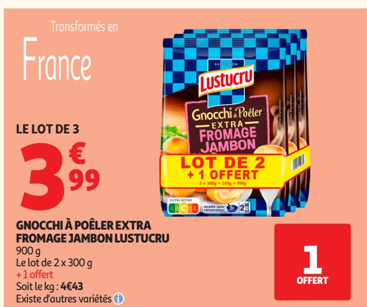 Gnocchi à poêler extra fromage jambon Lustucru
