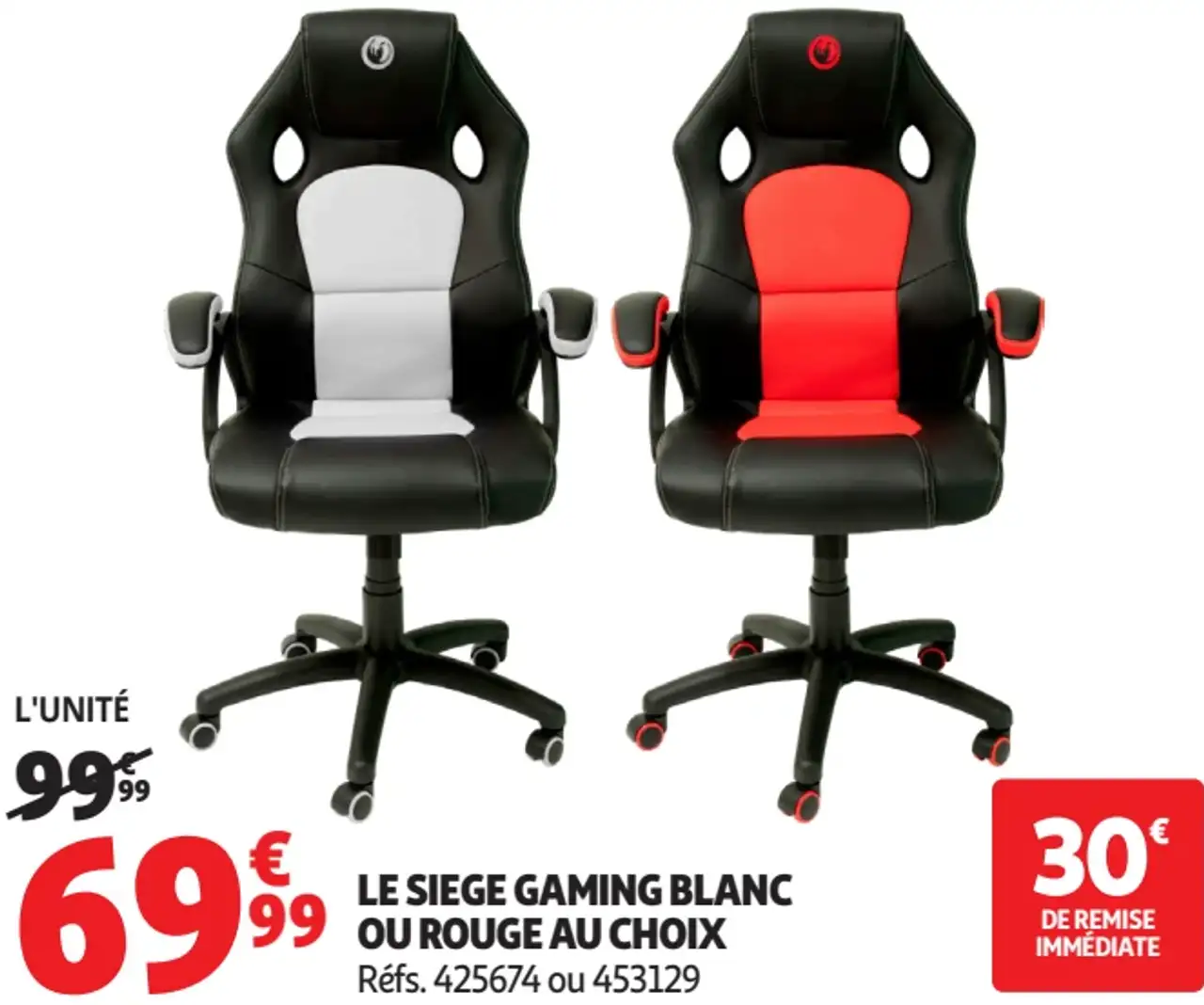 Le siège gaming blanc ou rouge au choix