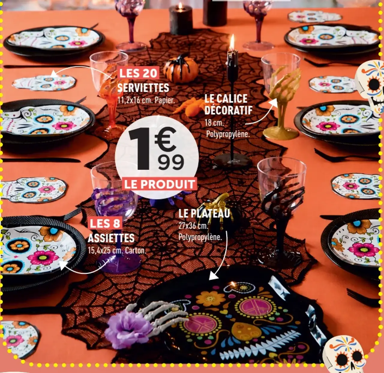 Vaisselle et décoration de table Dia de los Muertos (Serviettes, Calice, Assiettes, Plateau)