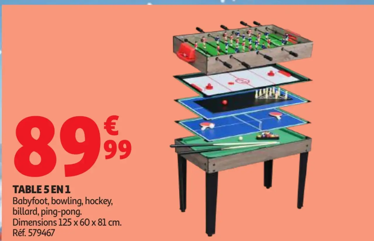 Table 5 en 1 Babyfoot, bowling, hockey, billard, ping-pong