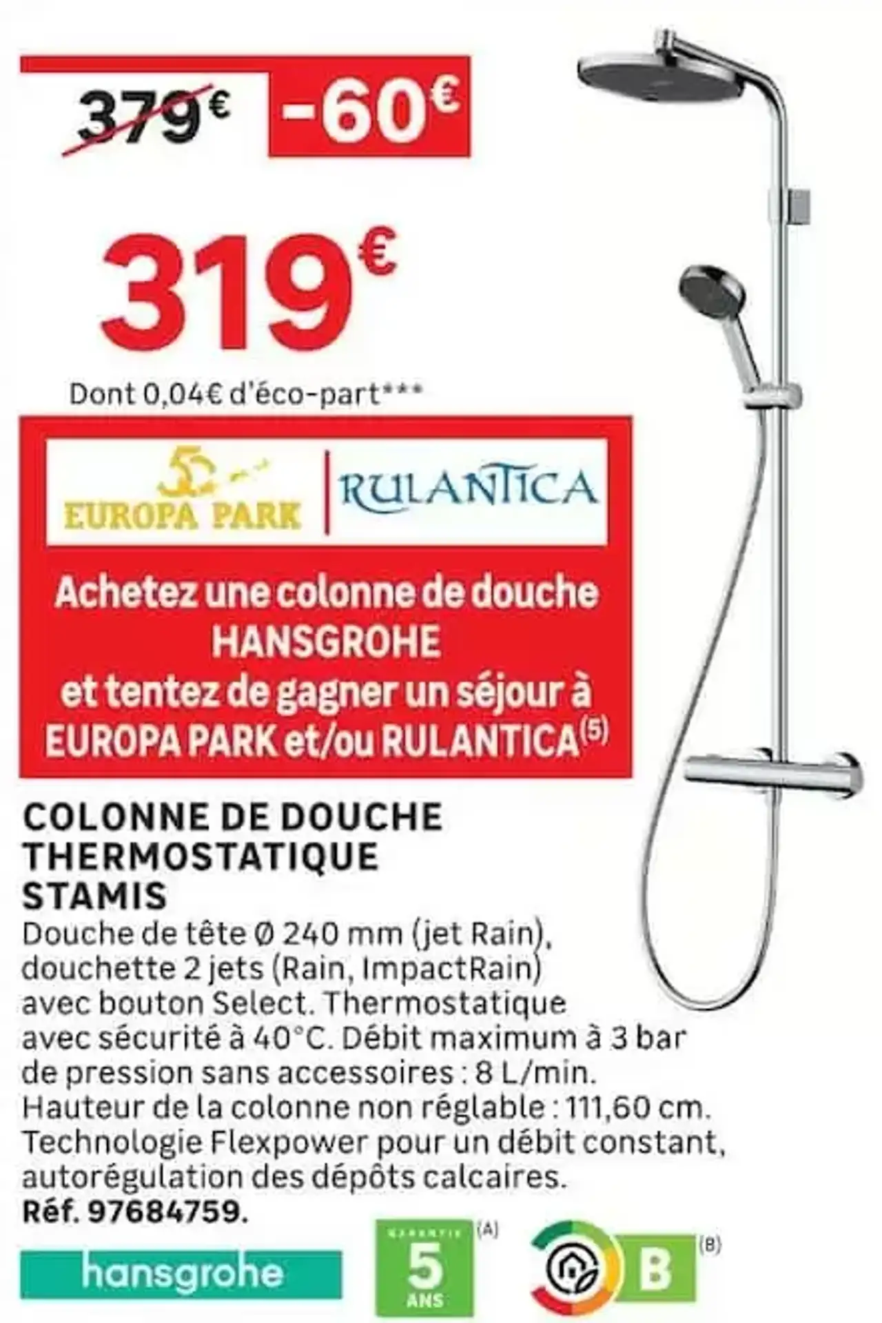 Colonne de douche thermostatique Stamis Hansgrohe