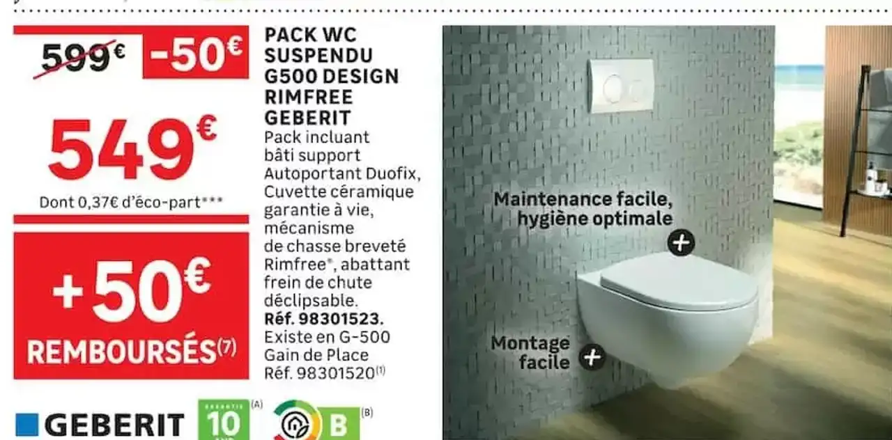 Pack WC suspendu G500 Design Rimfree Geberit