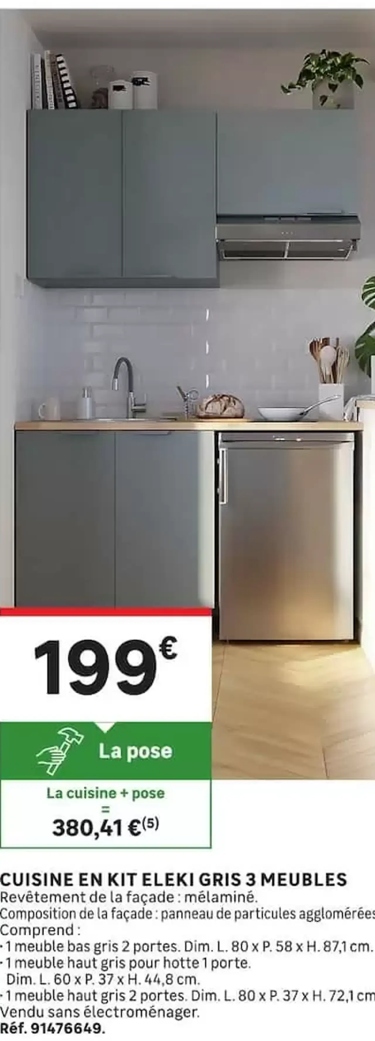 Cuisine en kit Eleki gris 3 meubles