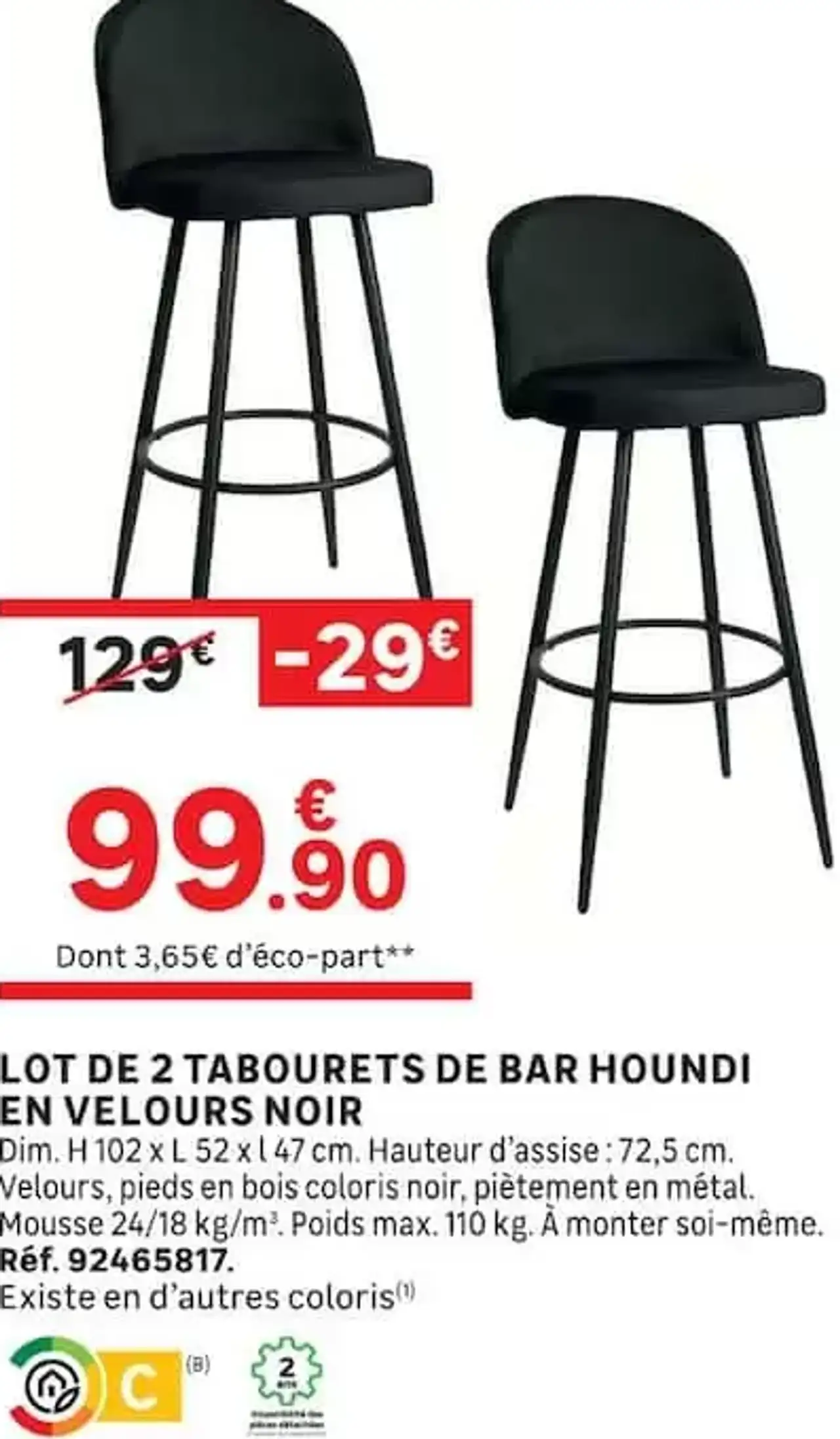 Lot de 2 tabourets de bar Houndi en velours noir