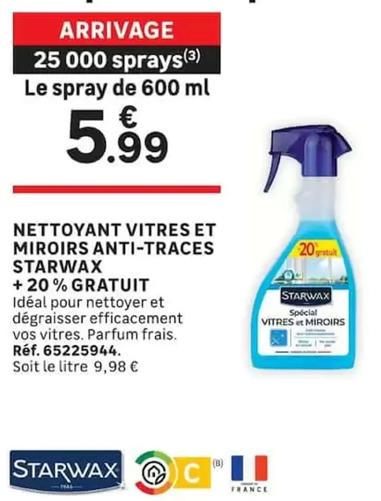 NETTOYANT VITRES ET MIROIRS ANTI-TRACES STARWAX + 20% GRATUIT