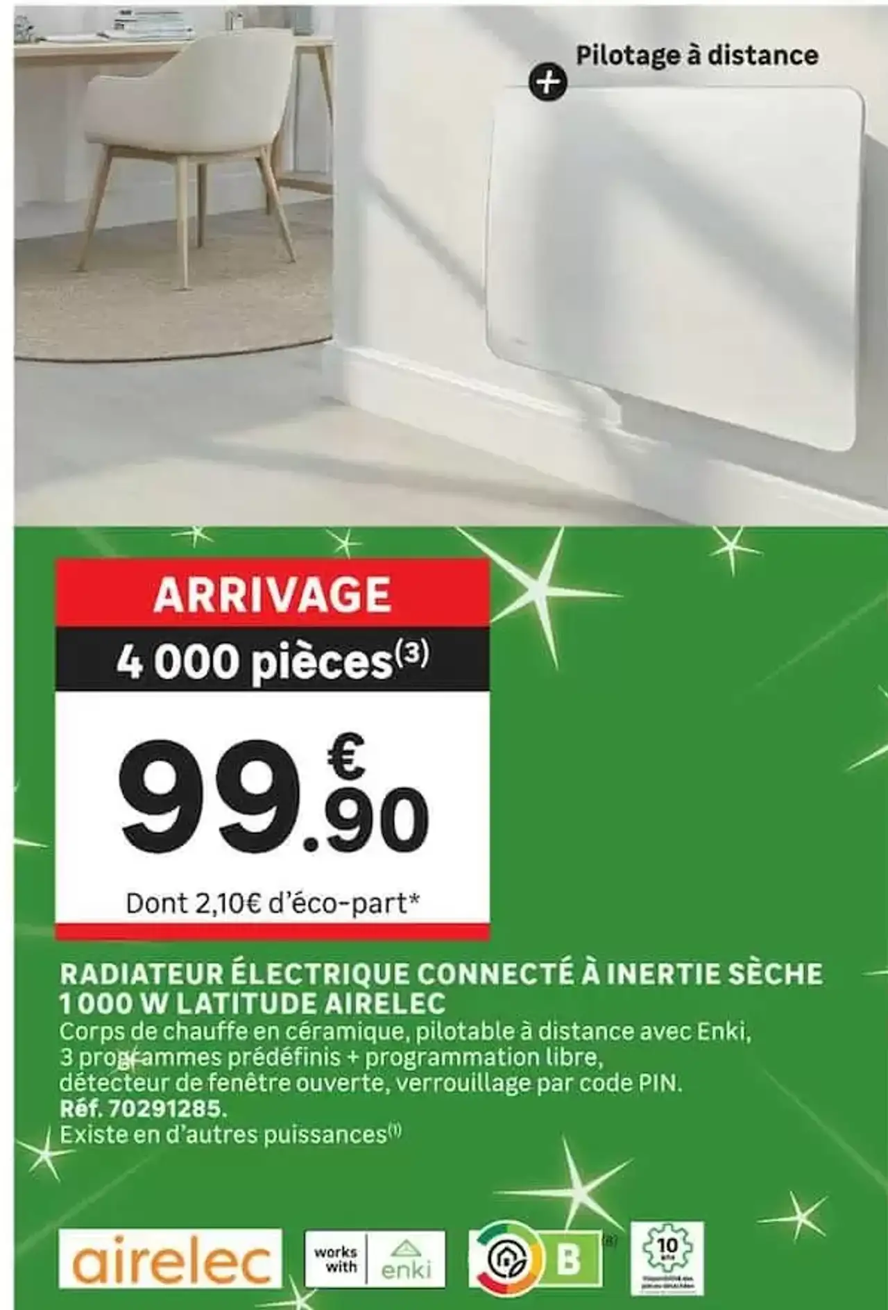 Radiateur électrique connecté à inertie sèche 1000 W Latitude Airelec