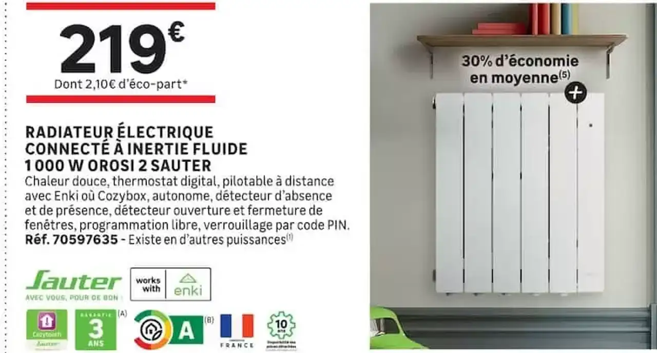 Radiateur électrique connecté à inertie fluide 1000 W Orosi 2 Sauter