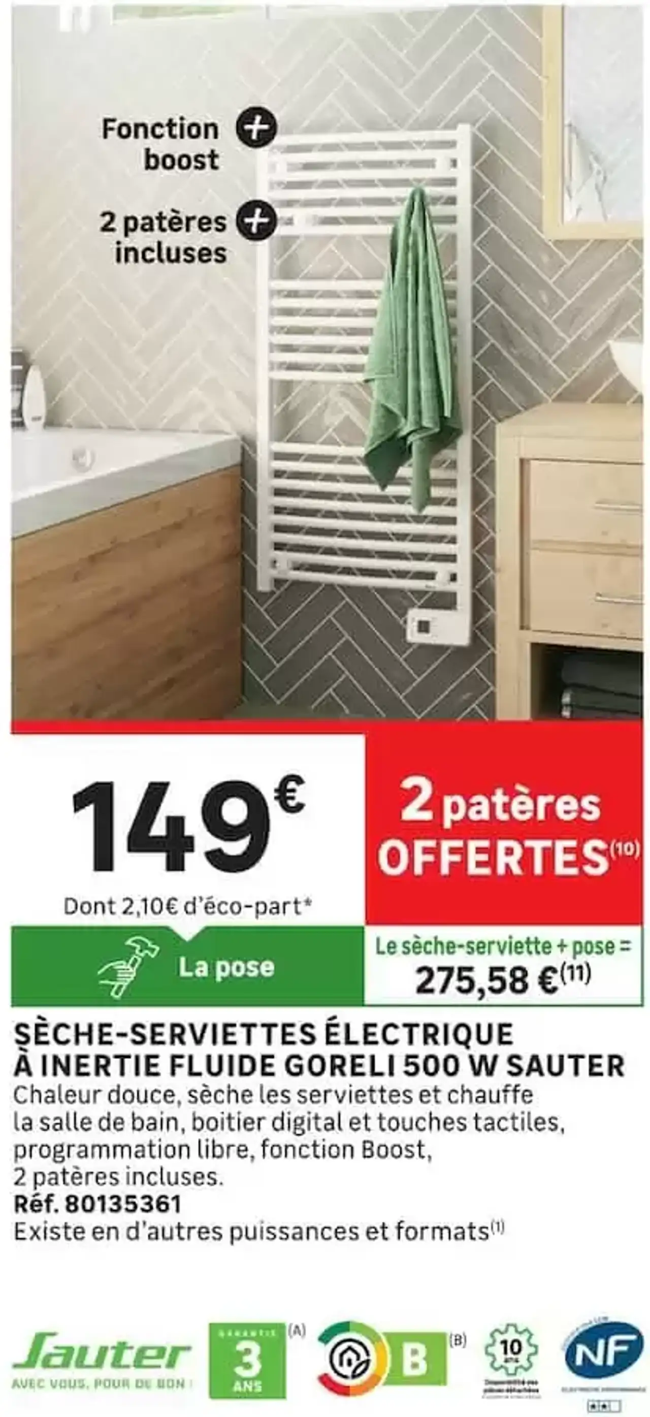 SÈCHE-SERVIETTES ÉLECTRIQUE À INERTIE FLUIDE GORELI 500 W SAUTER