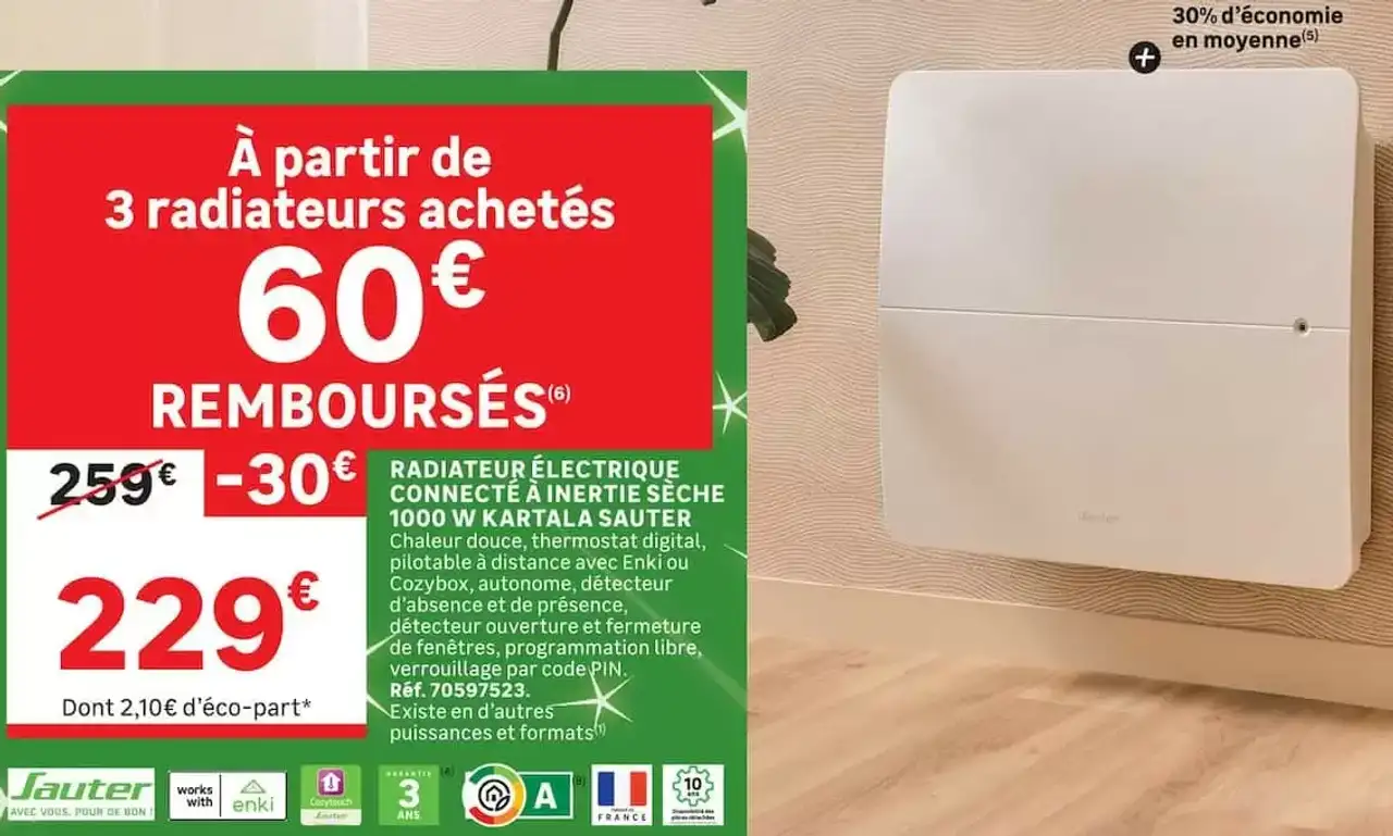 Radiateur électrique connecté à inertie sèche 1000 W Kartala Sauter