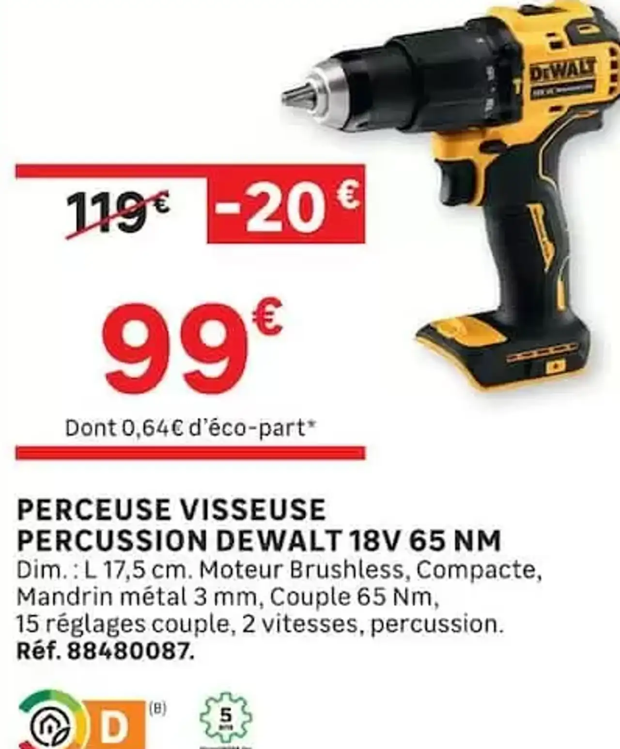 Perceuse visseuse percussion Dewalt 18V 65 NM