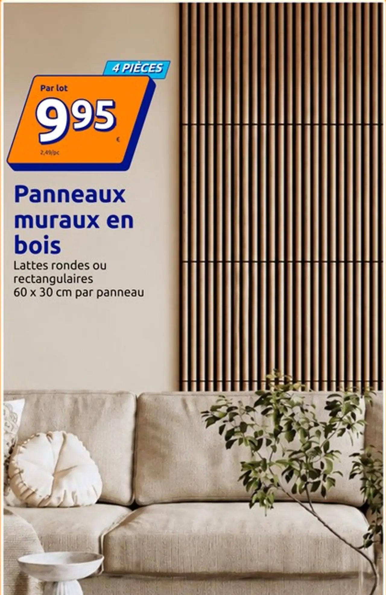 Panneaux muraux en bois Lattes rondes ou rectangulaires 60 x 30 cm par panneau