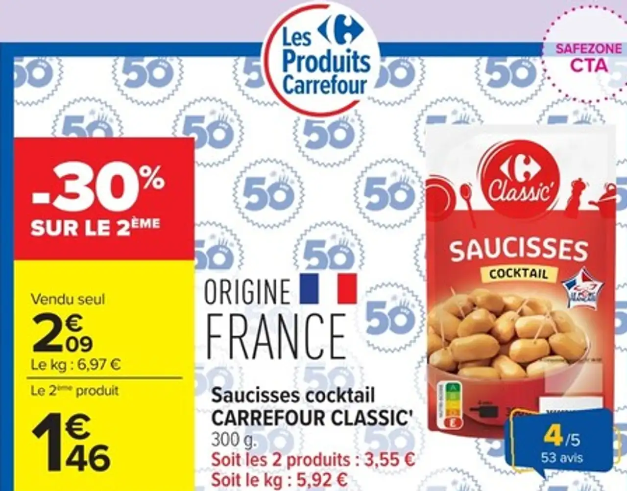 Saucisses cocktail CARREFOUR CLASSIC' 300 g