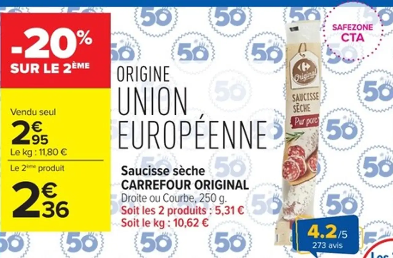 Saucisse sèche CARREFOUR ORIGINAL Droite ou Courbe, 250 g