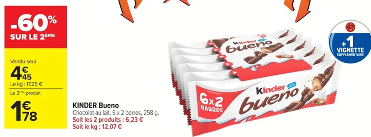 KINDER Bueno Chocolat au lait, 6 x 2 barres, 258 g