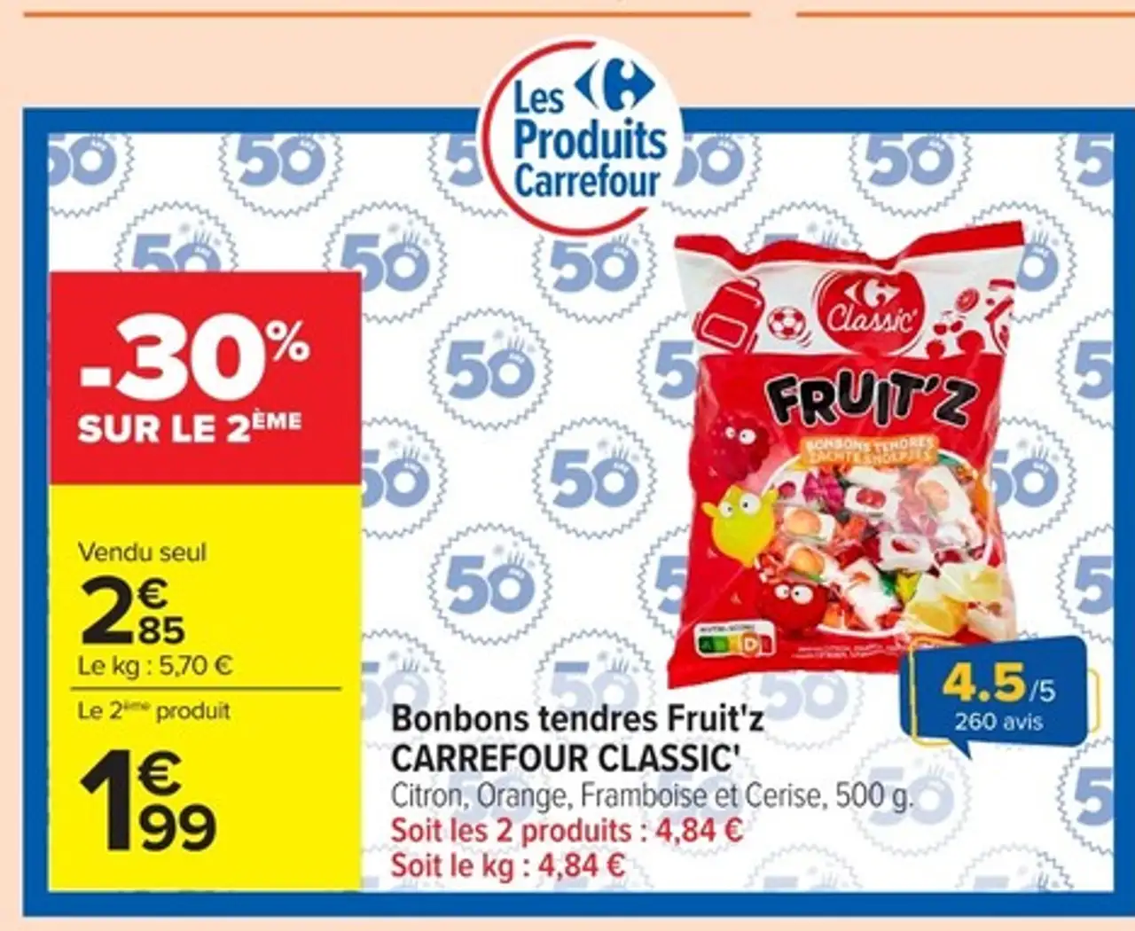 Bonbons tendres Fruit'z CARREFOUR CLASSIC' Citron, Orange, Framboise et Cerise, 500 g.