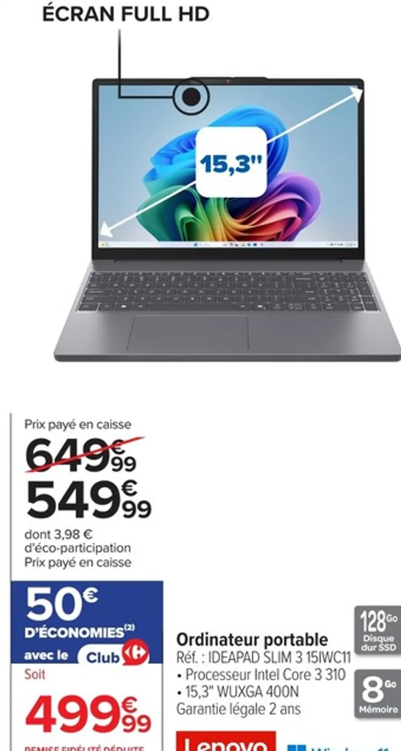 Ordinateur portable Lenovo IDEAPAD SLIM 3 15IWC11