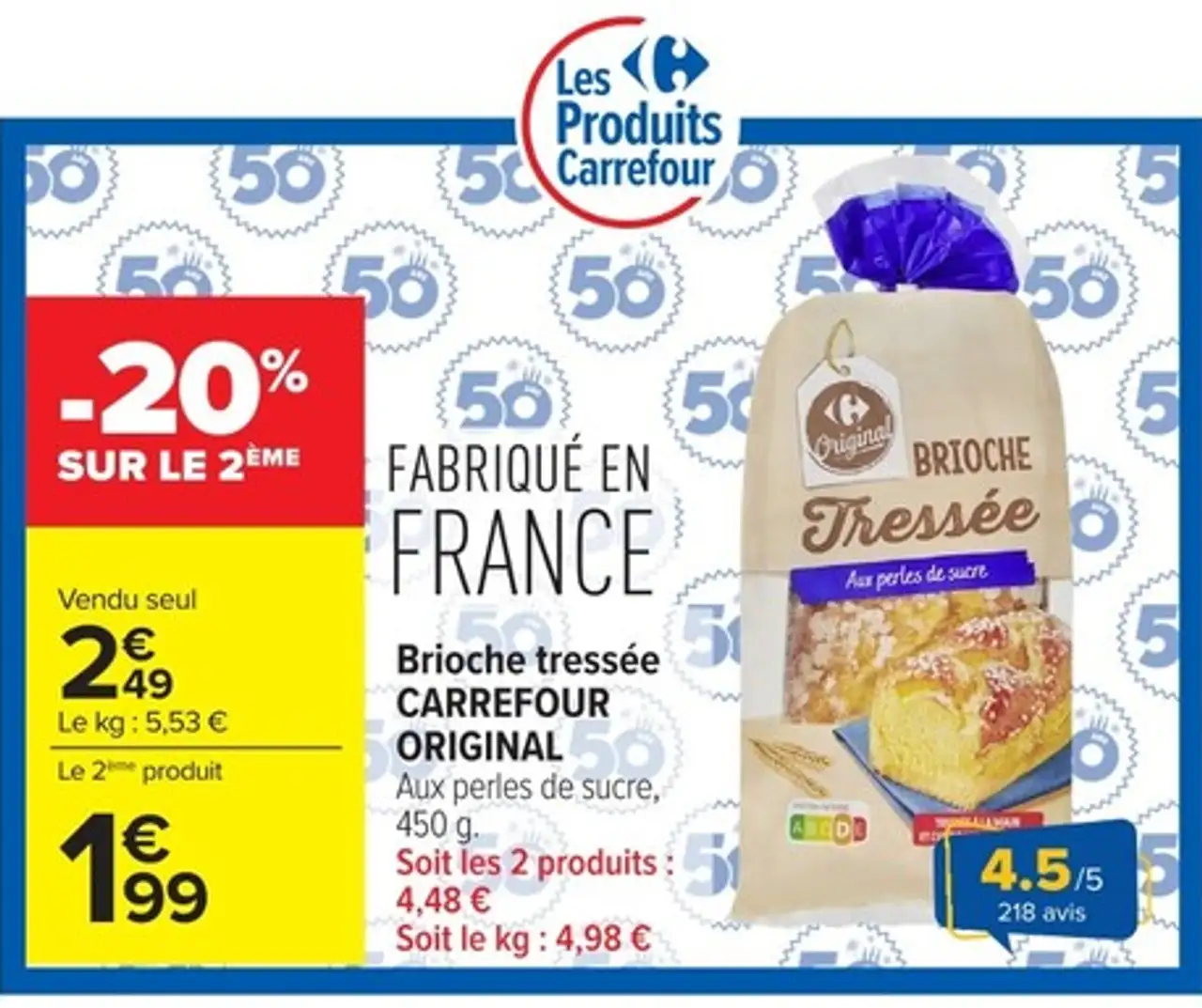 Brioche tressée CARREFOUR ORIGINAL Aux perles de sucre, 450 g.