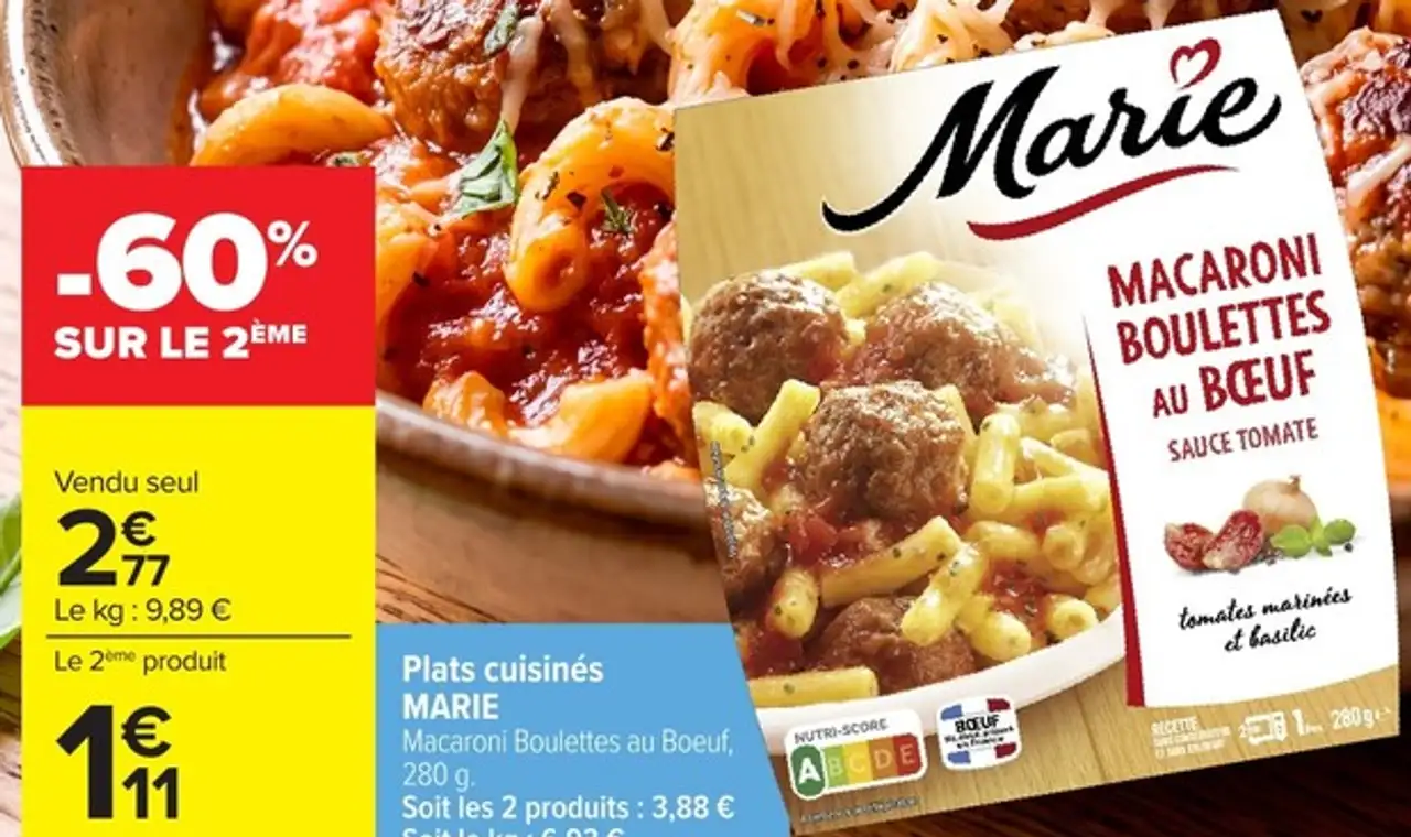 Plats cuisinés MARIE Macaroni Boulettes au Boeuf, 280 g.