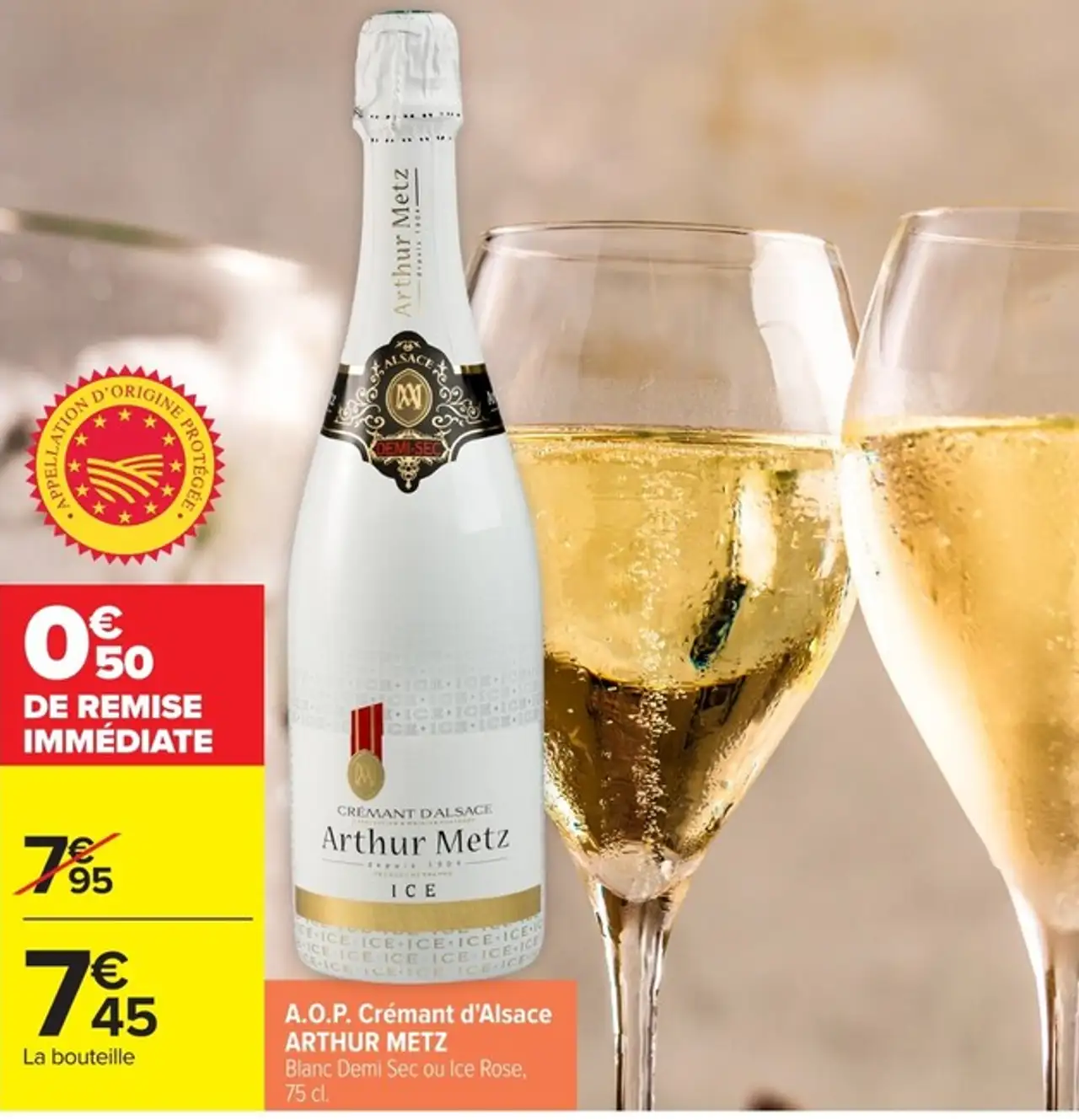 A.O.P. Crémant d'Alsace ARTHUR METZ Blanc Demi Sec ou Ice Rose, 75 cl.