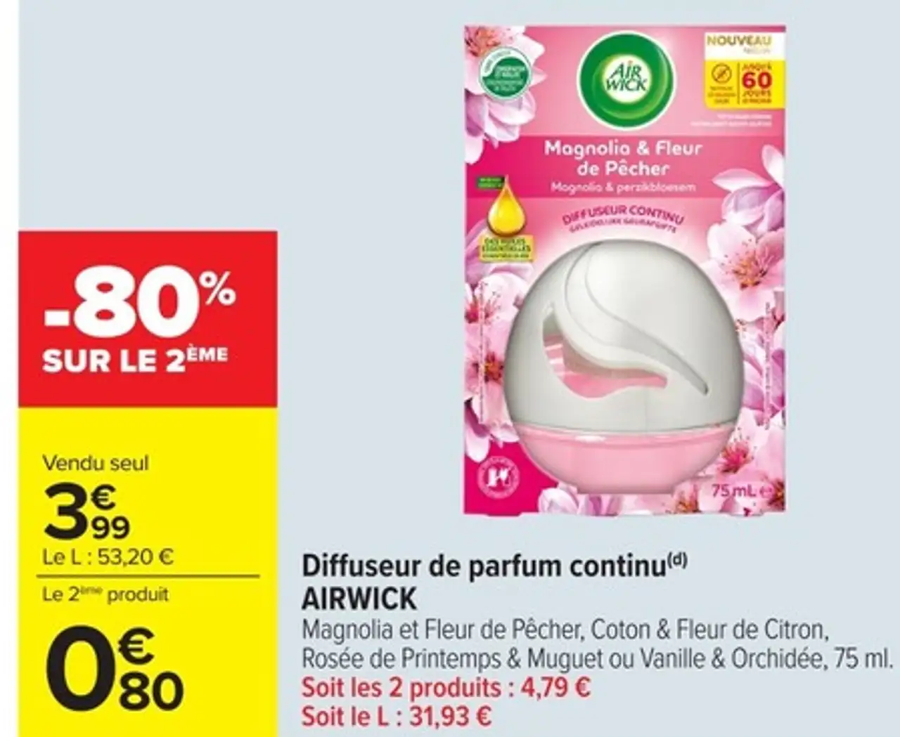 Diffuseur de parfum continu AIRWICK Magnolia et Fleur de Pêcher, Coton & Fleur de Citron, Rosée de Printemps & Muguet ou Vanille & Orchidée, 75 ml.
