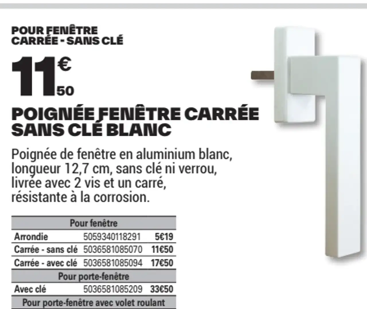Poignée fenêtre carrée sans clé blanc