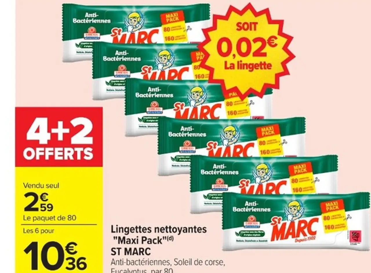 Lingettes nettoyantes "Maxi Pack" ST MARC Anti-bactériennes, Soleil de corse, Eucalyptus, par 80